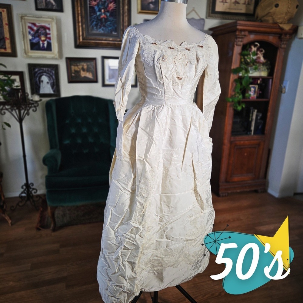 Vintage 50s Wedding Dress 4 piece Set Bridal‎ Gown Lace Petticoat Beaded Satin